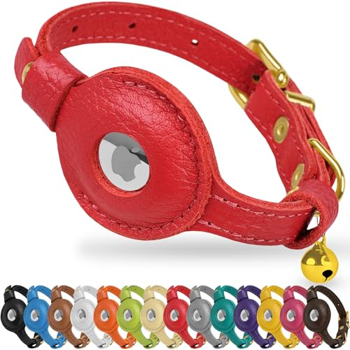 OOPSDOGGY AirTag-Katzenhalsband aus Leder mit Glöckchen, Nicht abreißbar, mit Apple Airtag-Halter, leichtes GPS-Haustierhalsband für Mädchen, Jungen, Katzen, kleine Hunde, Welpen (Rot)
