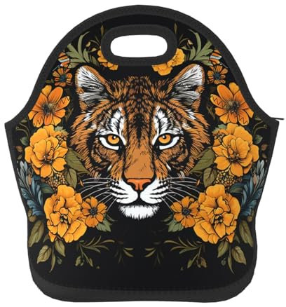 Lonchera de neopreno para mujeres y hombres, diseño de tigre y girasol sobre fondo negro, lonchera aislada, portátil, reutilizable, lavable, para viajes, picnic, camping, almuerzo