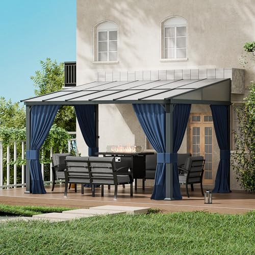 ASJMR 10x12FT Gazebo, Hardtop Wall Mounted Gazebo with Sloping Sun Panel Roof, Awnings for Patio with Metal Frame, Double Curtains for Garden, Lawn, Backyard Deck, Sand