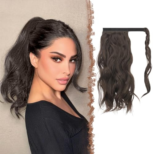 FESHFEN Wellen Pferdeschwanz Haarteil 35 cm Natürlich Lockig Pferdeschwanz Verlängerung Zopf Dunkelbraun Synthetik Haarverlängerung Wrap Around Ponytail Haare Extension für Damen