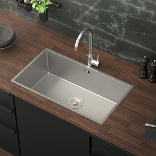 ML-Design Lavello da Cucina 70 x 40 cm Lavabo da Incasso Argento Rettangolare in Acciaio Inox Lavello Sottopiano a 1 Vasca con Set di Scarico e Troppopieno Vasca Singola con Sifone Lavandino XXL