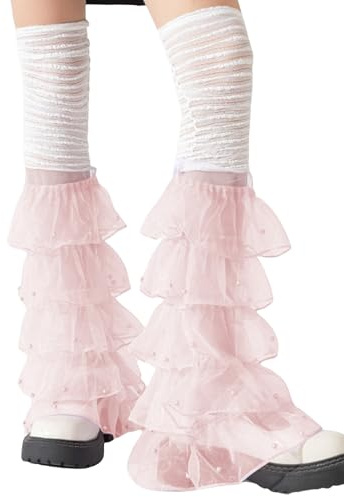 Damen-Beinstulpen, Y2K, geschichtete Spitze, Rüschen, ausgestellte Stiefelstulpen, geschnittene Harajuku-Armstulpen, Halloween-Kleidung, A-Pink, One size