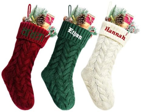 Gufacai Bestickter personalisierter Weihnachtsstrumpf, individueller Name, gestrickter Strumpf für Familie, Weihnachtsstrümpfe, Weihnachtsstrümpfe, rot und grün, monogrammierter Weihnachtsstrumpf