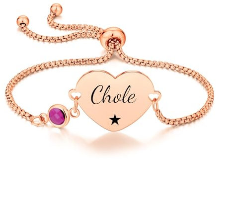 Y & Z Personalise Heart Charm Bracelet Engraved Name with Birthstone in 3 Colours, Symbols, Gift for Wife, Mother, Grandmother Sister Auntie Birthday Gift 16th, 18th, 21st 30,40, 50th. (Rose gold)