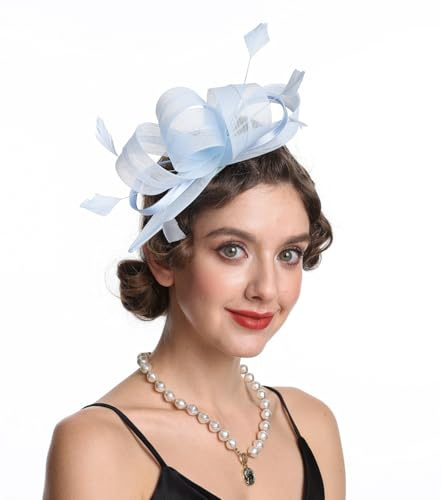 Sinamay Blomma fjäder pannband fascinator bröllop huvudbonader damer race kunglig ascot pillerlåda bröllop cocktail te party derby hatt för kvinnor, B4-Ljusblå, M