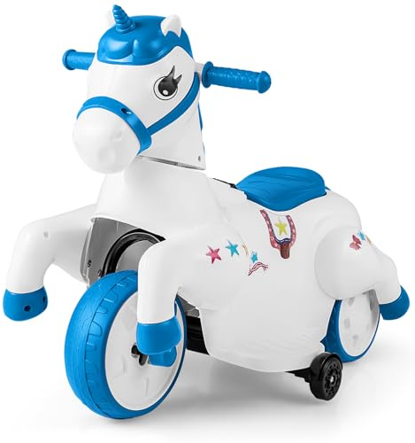 COSTWAY Moto Eléctrico para Niños Unicornio 12V, Coche Montable Infantil con Ruedas de Entrenamiento, Modo de Montar a Caballo, Música, Arranque con Botón y Pantalla LED, Caballo Motorizado (Azul)