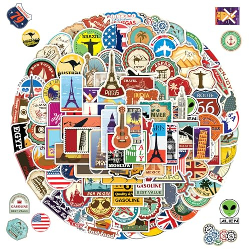 Vintage Reise Aufkleber 100 Stück - Aesthetic Städte Sticker für Laptop, Skateboard, Gepäck, Koffer - Retro Vinyl Etiketten