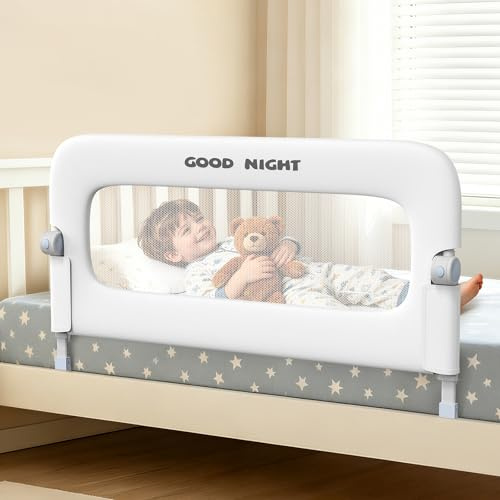 Deeteck Bed Guard Rail for Toddlers - 47 Adjustable Heights & Folding up Portable Bed Railing for Baby - Toddler Bed Rails Guard for Crib, Twin, Bunk,Full Size, Queen & King Bed (White)