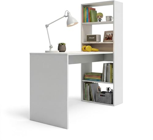 duehome | Escritorio Juvenil con Estanteria Reversible, Mesa de Ordenador, Modelo Cosmic, Acabado en Blanco Artik, Medidas: 120 cm (Largo) x 53 cm (Ancho) x 144 cm (Alto)