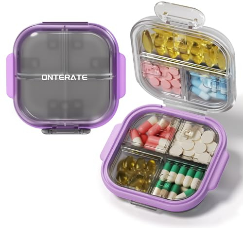 ONTERATE Kleine Pillendose 7 Fächer, Tablettenbox für Unterwegs, Lila | 7 Tage Wochendosierer für Reise und Handtasche, Luftdichter Silikonring, Mini Medikamentenbox für Vitamine und Fischöl