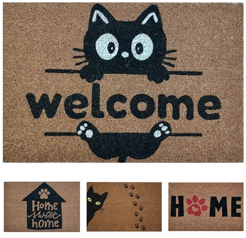 Fußmatte Katze Kokos Außen und Innen Lustig, 60x40 cm. Welcome Katze | Rutschfeste Kokos Türmatte für Haustür, Innen & Aussen, Ideal Schmutzfang und Eingangsmatte, Doormat Motiv Katze & Hund