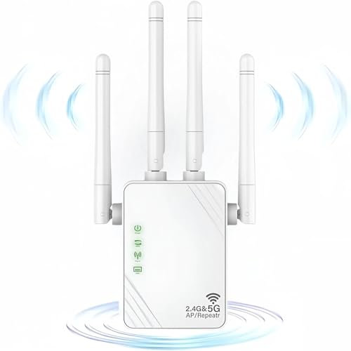 ANDHOT Ripetitore WiFi, 1200Mps dual band 5GHz e 2.4GHz WiFi extender, modalità ripetitore/router/AP, amplificatore di segnale Wi-Fi con 4 potenti antenne, 2 porte LAN,adatto per uso domestico/ufficio