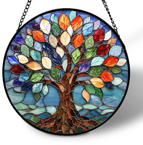 Hanging Stained Glass Suncatcher, Tree of Life Sun Catcher Glass Panel Boho Wall Art Decor with Chain, Window Wall Hanging Ornament Suncatchers, Hand Painted Round Gifts for Couples