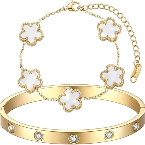 XIWCAFC Kleeblatt Armband Damen 18K Vergoldet Vierblättriges Kleeblatt Armbander Gold Armband Set Cubic Zirkonia Armreif 2 Stück Schmuck Set für Frauen Geschenke Geburtstags (Weiß)