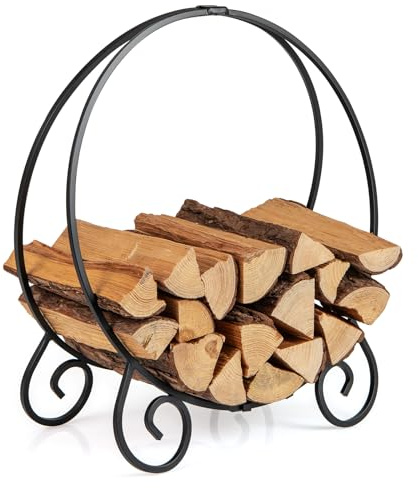 GYMAX Range-bûche Intérieur, Porte-Bûches Rond avec Jambes Surélevés, Support de Bois de Cheminée Métallique Esthétique avec Motif Florale, Capacité 270 kg, 59 x 27 x 64 cm, Montage Facile
