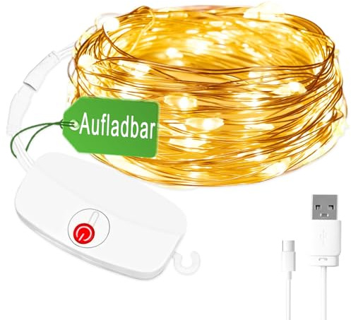 Mini Lichterkette aufladbar, 8 Modusmit Timing,5M 50LED Akkulaufzeit 50Std,Timer-Modus kann es bis zu etwa 8 Tage halten,Abnehmbares Batteriefach,für Weihnachten, Hochzeit, Party Deko Warmweiß