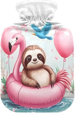 Wärmflasche, 2 l, großer Wärmbeutel mit weichem Plüschbezug, Faultier-Flamingo, auslaufsicherer Schraubverschluss, ideal für Wintersport, Outdoor, Rücken, Nacken und Bein, kalte Muskelschmerzen und
