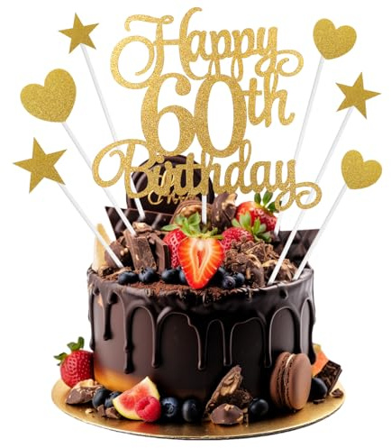 7Pcs Personalised Happy 60th Birthday Cake Topper, 60th Birthday Cake Decorations with Heart Star Cupcake Picks, Gold Glitter Happy 60 Years Old Birthdays Sign for Birthdays Party Supplies