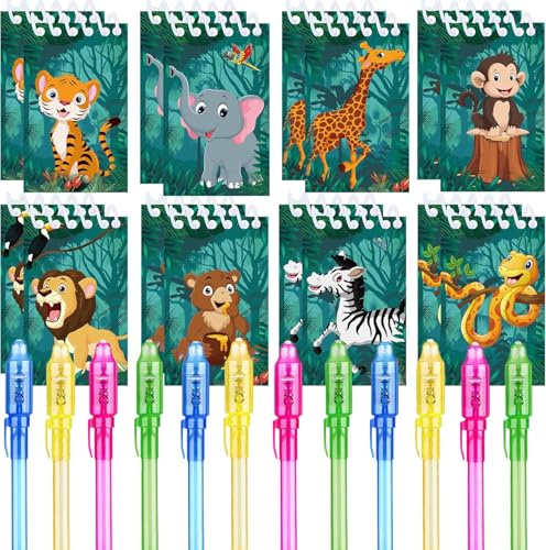 Junyaoii Dschungeltiere Party Geschenke, 12 UV unsichtbare Tinte Stift und 12 Dschungeltiere Notizbuch, Dschungeltiere Geburtstagsgeschenke für Kinder