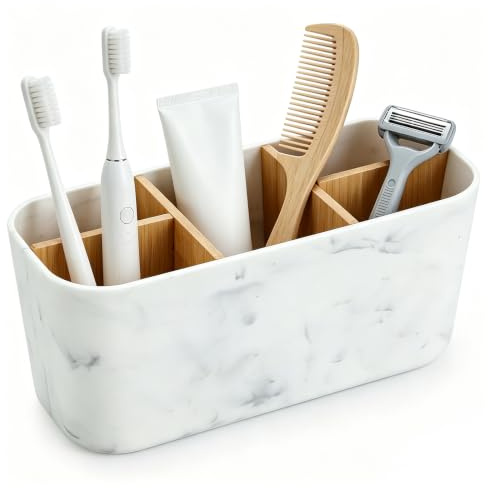 Romon Soporte Cepillo De Dientes, Portacepillos de Dientes de Bambú con 5 Compartimentos, Organizador Baño con Diseño de Mármol, Multifuncional Portalápices, para Baño Oficina Hogar, 21×9×10CM