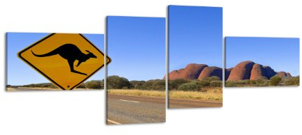 Leinwandbild Känguruschild LW344 Wandbild, Bild auf Leinwand, 4 Teile, 100x45cm, Kunstdruck Canvas, XXL Bilder, Keilrahmenbild, fertig aufgespannt, Bild, Holzrahmen, Australien, Landschaft, Strasse,