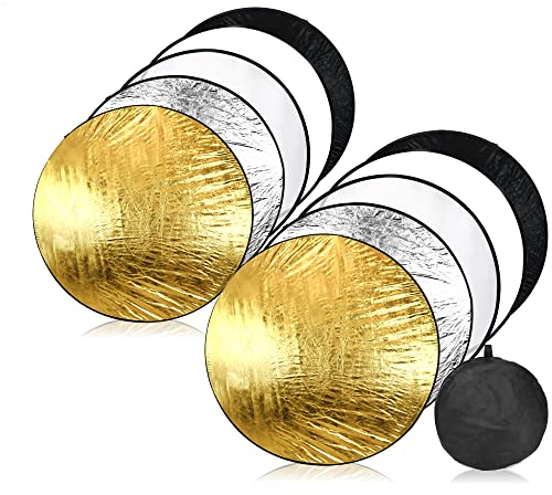 com-four® 2x 5in1 Tragbarer Falt-Reflektor Ø 110 cm, runder Licht-Reflektor in weiß, schwarz, transparent, goldfarben, silberfarben für perfekte Foto-Ausleuchtung (6-teilig)