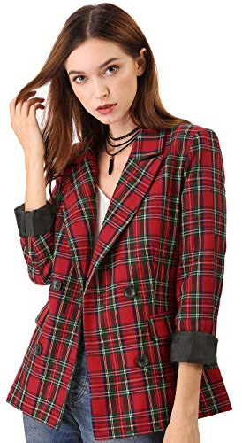 Allegra K Blazer Formel Double Boutonnage à Carreaux pour Femme Rouge Vert XL