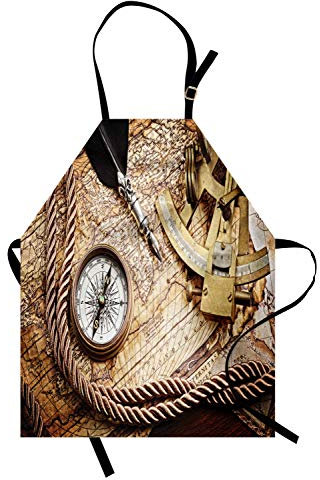 ABAKUHAUS Kompass Kochschürze, Vintage Navigation Voyage Thema Lifestyle Bild mit Sextant und Kompass Discovery Tools, Farbfest Höhenverstellbar Waschbar Klarer Digitaldruck, Creme