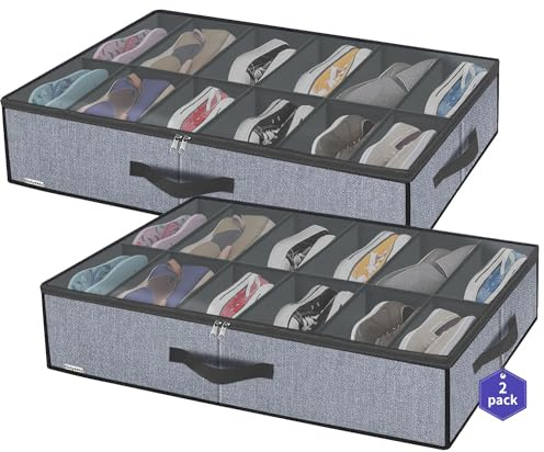 Onlyeasy Large Under Bed Shoe Organizer (6 to 12 Pairs x 2) - Underbed Shoes Closet Storage Solution with Metal Zipper and 2 Handles, Breathable, 29.3x23.6x5.9, Linen-like Grey, MXDUBSB2P