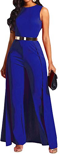 VERWIN Patchwork Overlay Embellished Plain Women's Jumpsuit High-Waist Woman Romper (X-Large, Blue)
