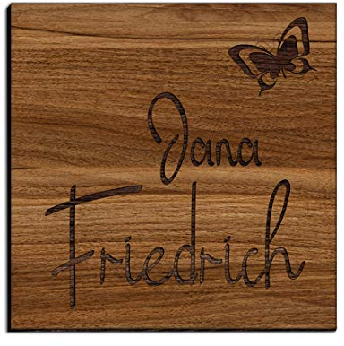 Holz Türschild mit Gravur | Namensschilder Briefkastenschild selbstklebend oder mit Bohrlöcher 10x10 cm eckig Klingelschild/Türschild für die Haustür mit Namen