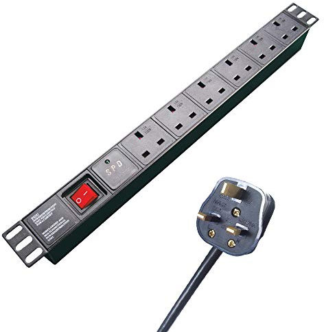 Connekt Gear 3m 6 Way Surge Protected Horizontal Rack Mount Power Extension Block UK Plug to 6 x UK Sockets - Black