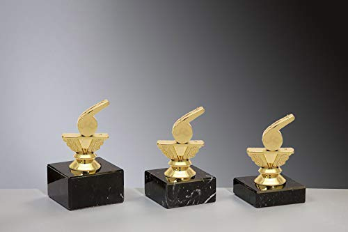 Henecka Schiedsrichter Pokal Schiri Trophäe Schraubfigur Trillerpfeife Gold, Marmorsockel schwarz, mit Wunschgravur, wählbar in 3 Größen oder als 3er-Serie (Sockel 70 x 40 mm)