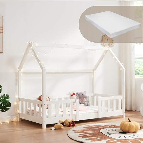 [en.casa] Kinderbett Sisimiut mit Matratze 80 x 160 cm Hausbett Montessori mit Rausfallschutz Holzbett für Kinder Bodenbett Lattenrost Kiefernholz Weiß