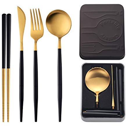 Do Buy Portable & Reusable Stainless Steel Travel Cutlery Set，Folding Utensil Set with Case ，for Camping, Picnic, Office and On-The-Go (Pocket Sized Flatware Set) (Black) (Black Gold)