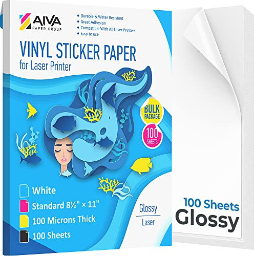 Bedruckbares Vinyl-Aufkleberpapier für Laserdrucker, glänzendes Weiß, 100 selbstklebende Blätter, wasserdichtes Aufkleberpapier, Standardbriefgröße, 21,6 x 27,9 cm