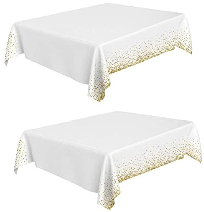Weiße Tischdecke, 2 Stück Einweg, Rechteckige Plastiktischdecke, Hochzeit Plastik, Gold Dot Wiederverwendbar Wachstuch Abwaschbar