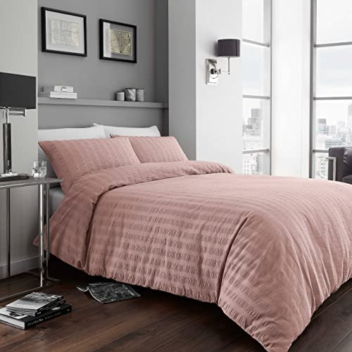 GC GAVENO CAVAILIA Luxury Stripe Duvet Cover Quilt Set, Easy Care Super Soft Textured Seer Sucker Bedding, King, Blush Pink-Polycotton