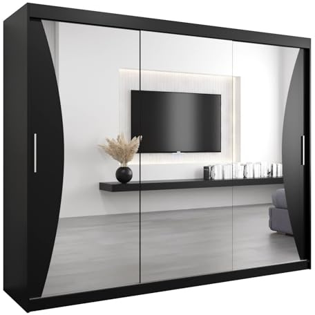 MEBLE KRYSPOL Kleiderschrank mit Spiegel Monaco - Garderobenschrank - Schrank Schlafzimmer - Mehrzweckschrank DREI Schiebetüren - Regalen - Flur Möbel - Kleiderstange Schrank - Allzweckschrank