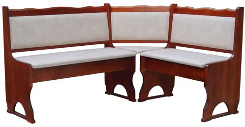 Tapicería Banco de esquina de madera de pino, color calvados con tapicería de madera maciza - Ecocuero beige (120 x 200)