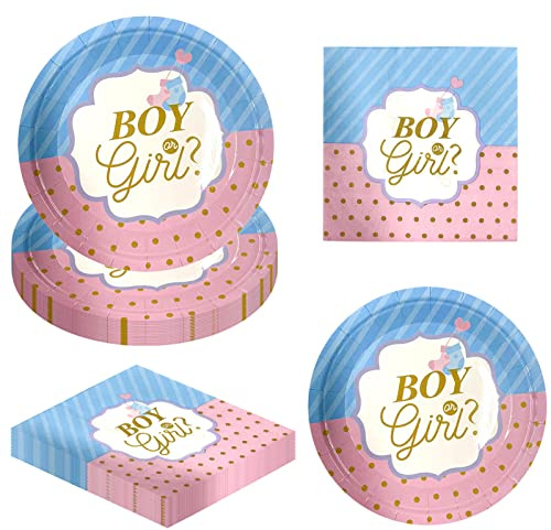 AIBAOBAO Boy or Girl Gender Reveal Party Teller Set, Gender Reveal Geschirr, Baby Shower Unisex Baby Girl Kit Zubehör Babyparty Taufe Teller Karton Becher Servietten Papierstrohhalm