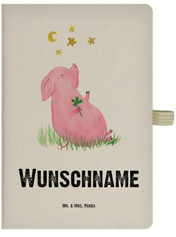 Mr. & Mrs. Panda Notizbuch personalisiert Schwein Glück - Personalisierte Geschenke, Personalisiertes A4, Glücksbringer, Lustige Sprüche, Sterne, Motivation, personalisierbar, Buch, Träume, Ziele