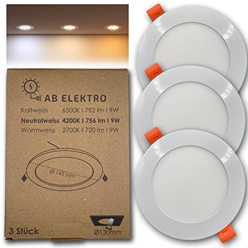 AB Elektro LED Einbaustrahler Flach Rund 3er Set I 9W Spot 12V Neutralweiß I Panel Deckenleuchte I Einbauleuchte Set Mit Trafo
