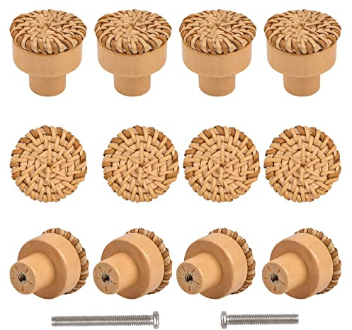 INCREWAY Boho-Rattan-Kommodenknöpfe, 12 Stück, runde Holz-Schubladenknöpfe, handgefertigt, gewebt und Schrauben für Boho-Möbelknöpfe, Schränke, Kommodengriffe, Hardware-Ziehgriffe, Schrankknäufe