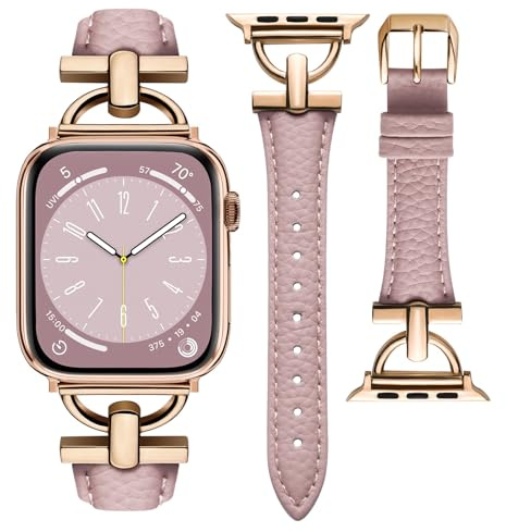 wutwuk Compatible avec Bracelet Apple Watch 42mm(S11/10)/41mm/40mm/38mm Femme Boucle Métal en Forme de D Cuir Véritable Bracelet Remplacement pour iwatch SE 3/2/1 Séries 11/10/9/8/7/6/5/4/3/2/-Rosé