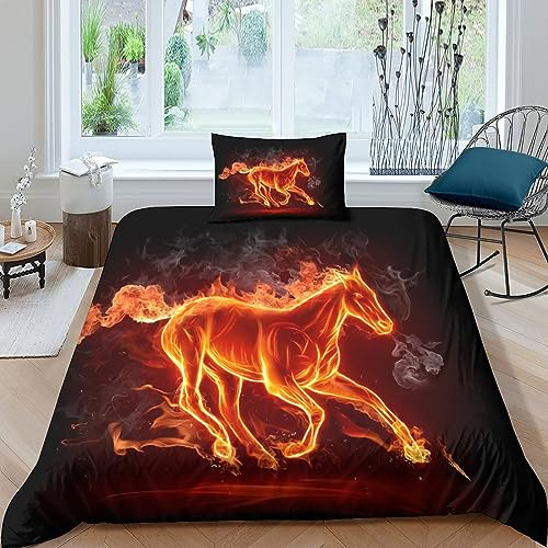 Set di biancheria da letto con copripiumino e 2 federe, con stampa 3D, motivo cavalli e fiamme infuriate, in ultra microfibra, con cerniera, 3 pezzi, per ragazzi e ragazze (135 x 20 cm)