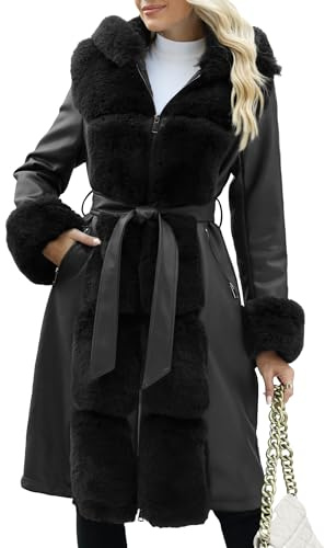 Bellivera Faux Leather Women Jacke Fleece-lined Winter Thicken Parka Hood Coat 244 Black L