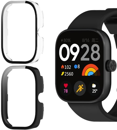 KeeFos 2-Pack Protector Funda Compatible con Xiaomi Redmi Watch 4, 9H Anti-Rasguños, PC Protector de Pantalla Funda con 9H Cristal Templado para Xiaomi Redmi Watch 4(Negro+Transparente)