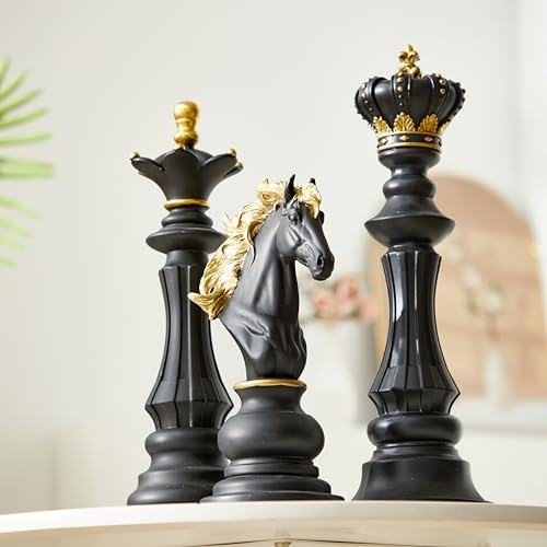 Yuxung 3-teiliges großes Schachstatuen-Dekor-Set – König, Königin, Ritter – Schwarz/Gold – Klassische Schachfigur – Geschenk für Zuhause, Büro, Urlaub