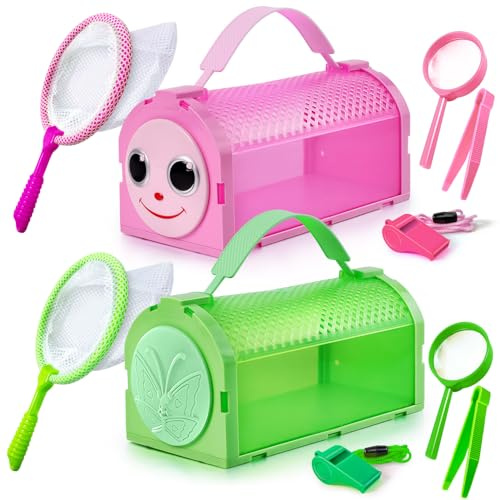 2 Stück Insektenbox für kinder, Outdoor Spielzeug Geschenke für Kinder Jungen, Outdoor-Käferfangbehälter mit 2 Stück Insektensammelbox, Vergrößerungsglas, Schmetterlingsnetz, Pinzette, Pfeife